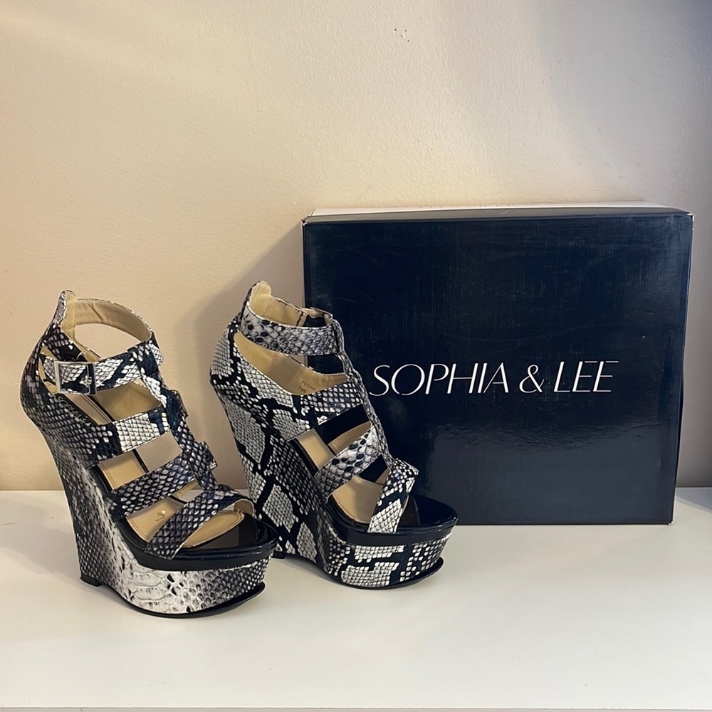 Black Snakeskin Platform Wedge Sandal Heel by Sophia And Lee